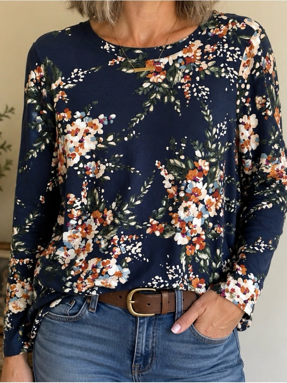 Chico's Navy Multi Floral Long Sleeve Boat Neck Pullover tee Soft, warm colors.